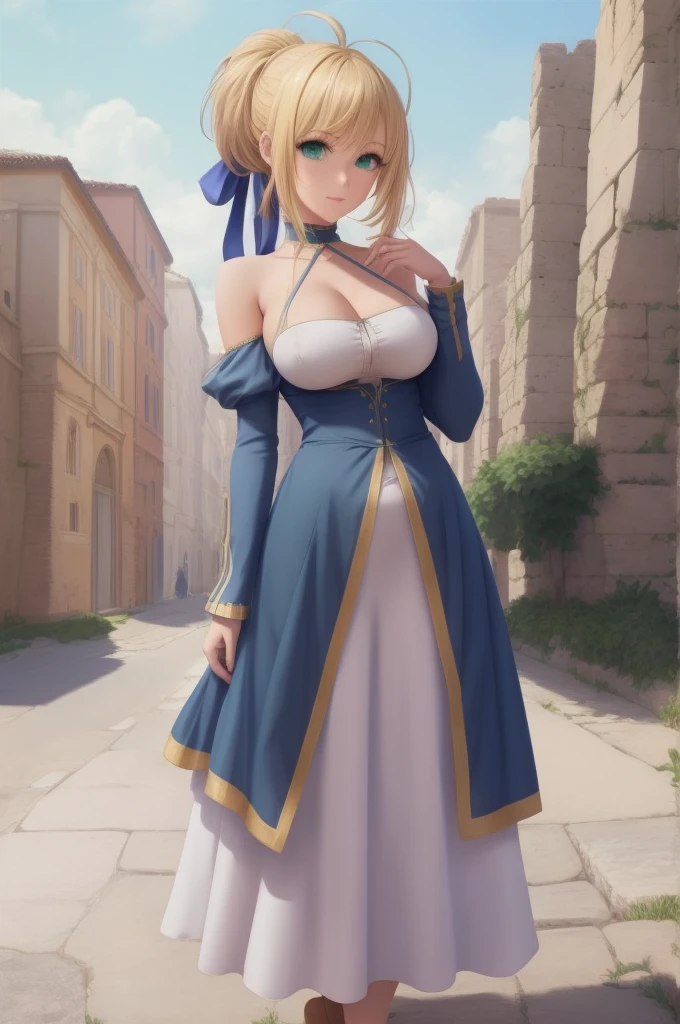 masterpiece, best quality, highres, ccsaber, blonde hair, green eyes, ahoge, ancient Roman tunic,  ponytail, Chest cleavage, bare shoulder,  large full breasts, big breasts, pointed ears against the background of an ancient Roman city