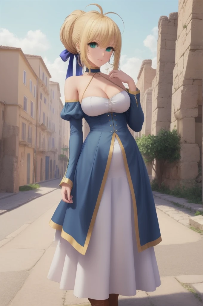masterpiece, best quality, highres, ccsaber, blonde hair, green eyes, ahoge, ancient Roman tunic,  ponytail, Chest cleavage, bare shoulder,  large full breasts, big breasts, pointed ears against the background of an ancient Roman city