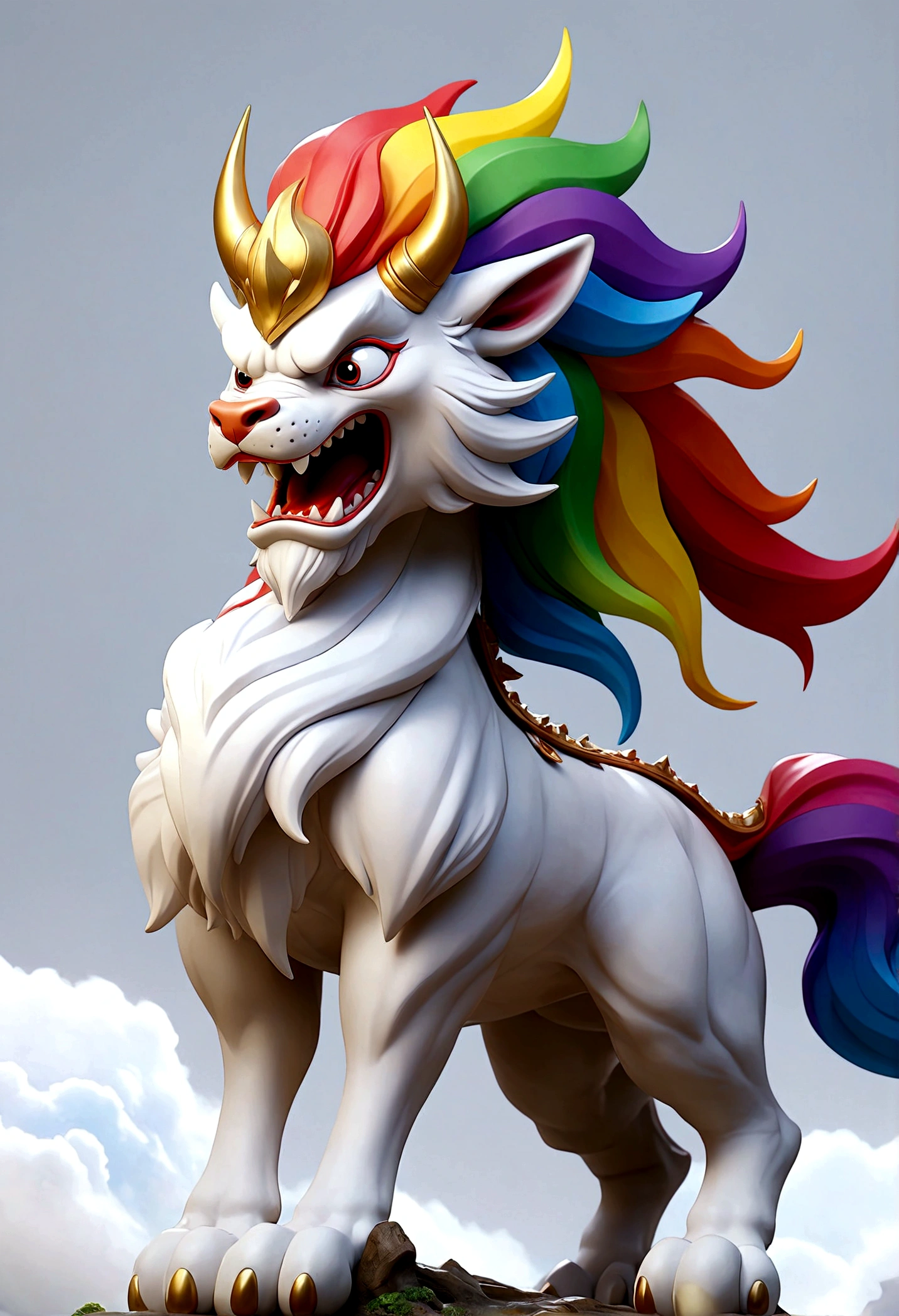 flag、masterpiece、(White background:1)、A rainbow-colored kirin surrounded by white clouds、god々々Halo、Wind、god々、Long undulating body、overbite、Upper body、Fantastic、god話、high quality、Very detailed、masterpiece、amazing、Particle Effects、Dynamic Effects