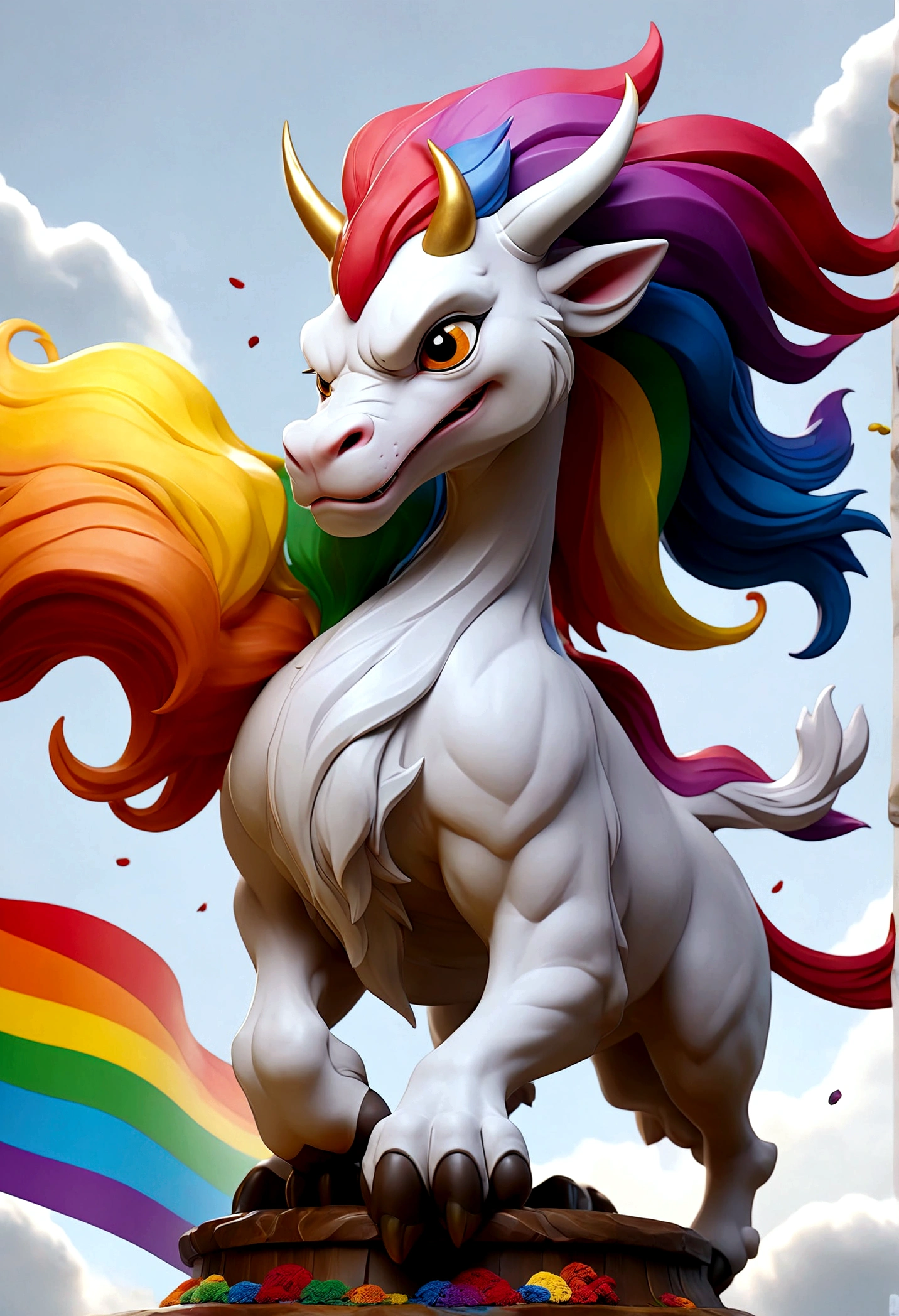 flag、masterpiece、(White background:1)、A rainbow-colored kirin surrounded by white clouds、god々々Halo、Wind、god々、Long undulating body、overbite、Upper body、Fantastic、god話、high quality、Very detailed、masterpiece、amazing、Particle Effects、Dynamic Effects