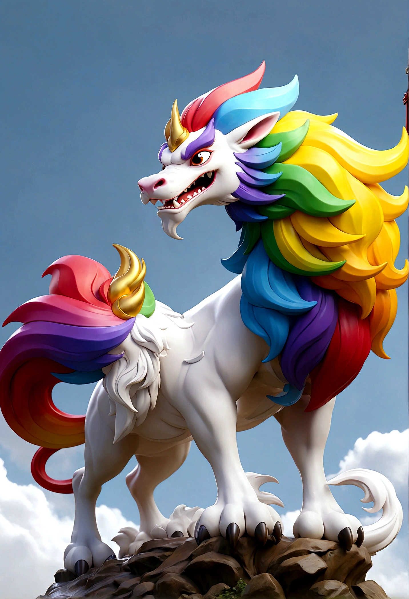 flag、masterpiece、(White background:1)、A rainbow-colored kirin surrounded by white clouds、god々々Halo、Wind、god々、Long undulating body、overbite、Upper body、Fantastic、god話、high quality、Very detailed、masterpiece、amazing、Particle Effects、Dynamic Effects