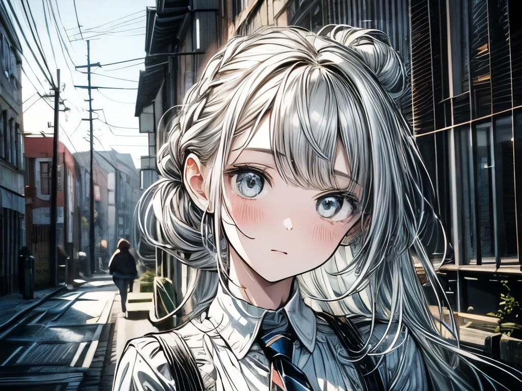 Line Drawing, comics, , Implications, 1 Girl，Look at the camera, best quality, Super Detail，With British architectural background，Clear distinction between light and dark，Have subject light，Tie your hair up，Ball head hairstyle，Angle of view from top to bottom