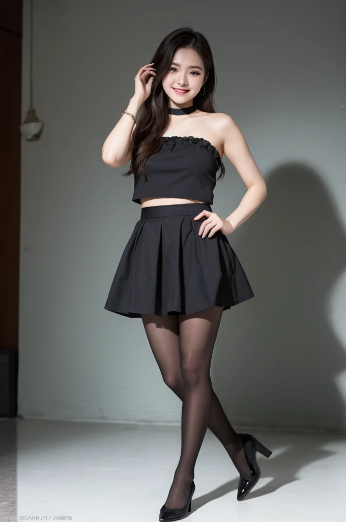 ulzzang-6500-v1.1, (RAW Photos:1.2), (Photorealistic), Beautiful detailed girl, (Genuine: 1.4), Very detailedな目と顔, Beautiful and fine details,  (Strapless blouse, flare skirt, Ultra-realistic pantyhose:1.2, Black choker)、Esbian all over、 (A very loving smile:1.2)、Large file size, High resolution, Very detailed, Highest quality, [masterpiece:1.6], Awareness-raising, Very detailed,  In detail, Highest quality, 8k wallpaper, Cinema Lighting, One Girl, 17 years old, Perfect figure, Cute droopy eyes、Beautiful big eyes、 ((masterpiece)), Highest quality, One Girl, eye shadow, Upper Body, Portraiture, ((Full Body Shot:1.14))、