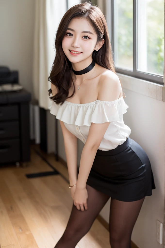 ulzzang-6500-v1.1, (RAW Photos:1.2), (Photorealistic), Beautiful detailed girl, (Genuine: 1.4), Very detailedな目と顔, Beautiful and fine details,  (Strapless blouse, flare skirt, Ultra-realistic pantyhose:1.2, Black choker)、Esbian all over、 (A very loving smile:1.2)、Large file size, High resolution, Very detailed, Highest quality, [masterpiece:1.6], Awareness-raising, Very detailed,  In detail, Highest quality, 8k wallpaper, Cinema Lighting, One Girl, 17 years old, Perfect figure, Cute droopy eyes、Beautiful big eyes、 ((masterpiece)), Highest quality, One Girl, eye shadow, Upper Body, Portraiture, ((Full Body Shot:1.14))、