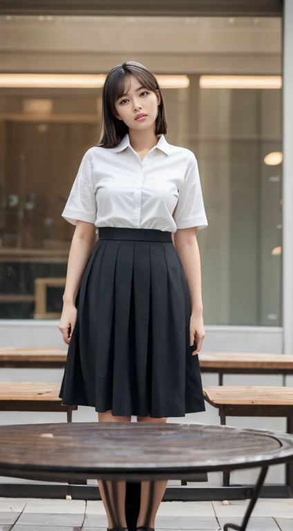 (Tabletop,high quality:1.3),(Written boundary depth:1.3) ,((Front body:1.35)),  Japanese ,woman, Natural Makeup ,Standard height,(woman用ビジネスブラックスーツ、Midi skirt in black:1.2),Huge breasts, Huge breasts, chic, Curvy,(View your viewers:1.3),(whole body:1.2),Office window