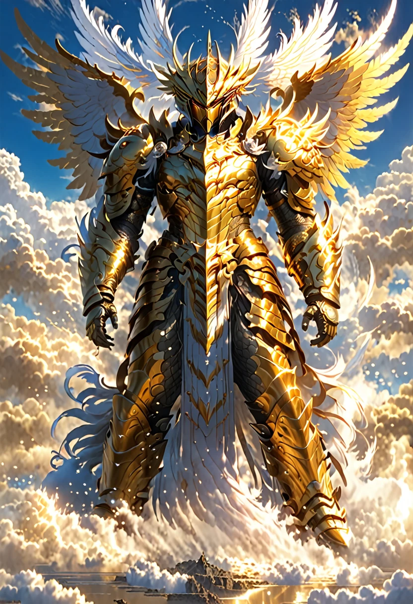 A god with golden armor. With furious wings. Fly in the sky. Medium weight. A staff in his hand.