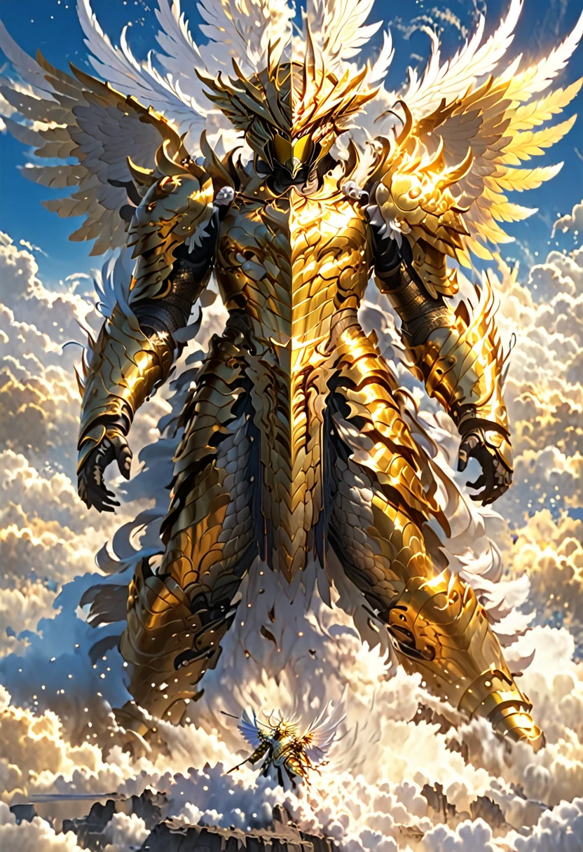 A god with golden armor. With furious wings. Fly in the sky. Medium weight. A staff in his hand.
