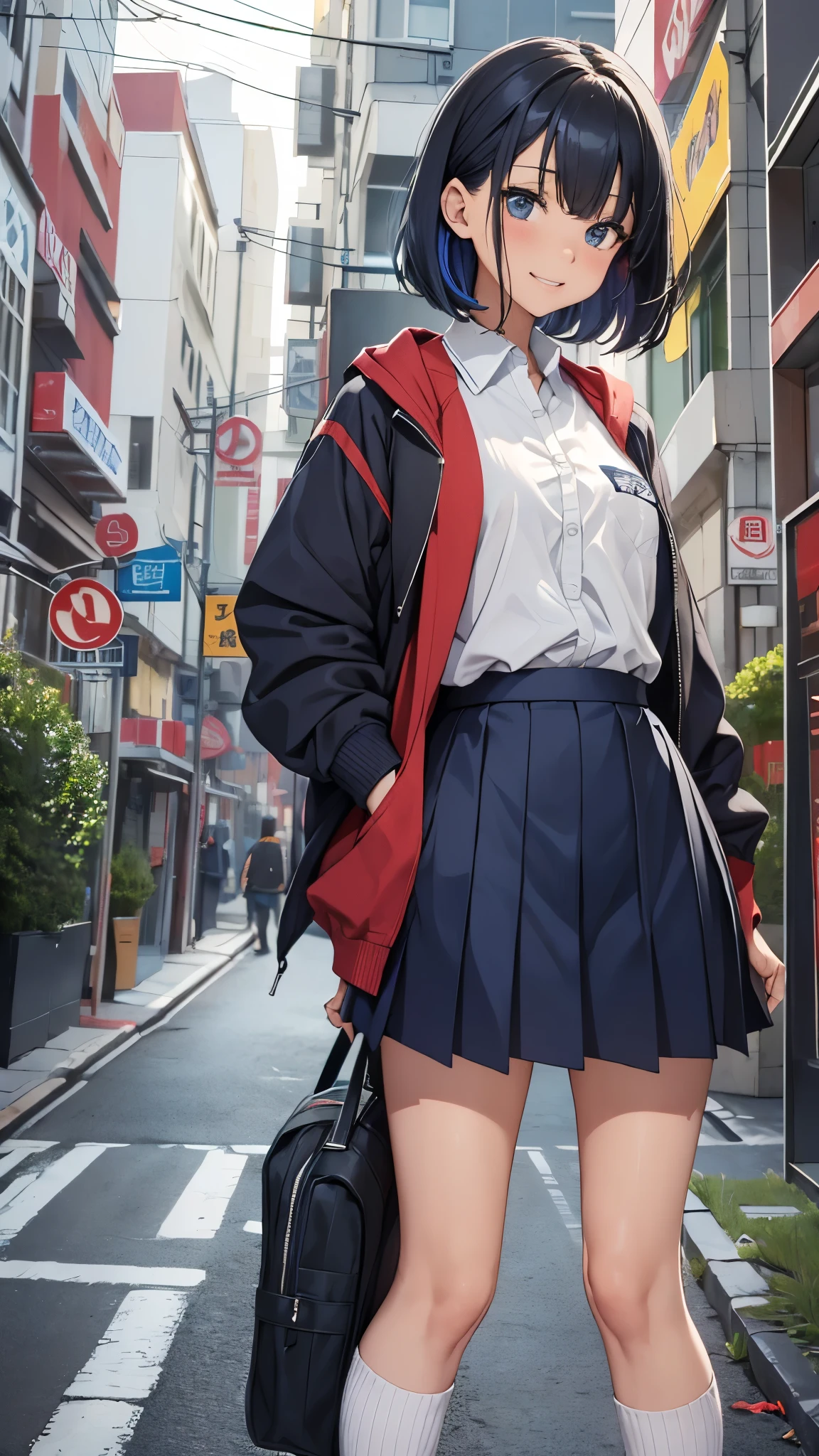One 17 years old girl,short hair,blue hair mixed colored red hair,((seller suits,dark blue collar,white shirts,long sleeve,school,dark blue skirt,black skirt)),((rage,laugh,grin,slender body,socks,sneakers)).