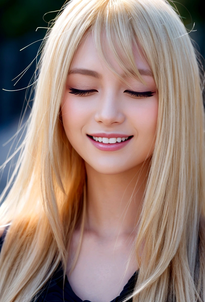 blonde hair, hair behind ear, long hair, one eye closed, longeyelashes, open mouth, light smile, grin, Surrealism, modern, Verism, Canon, 85mm, UHD, retina, masterpiece, accurate, anatomically correct, textured skin, super detail, high details, high quality, award winning, best quality, highres, 8k