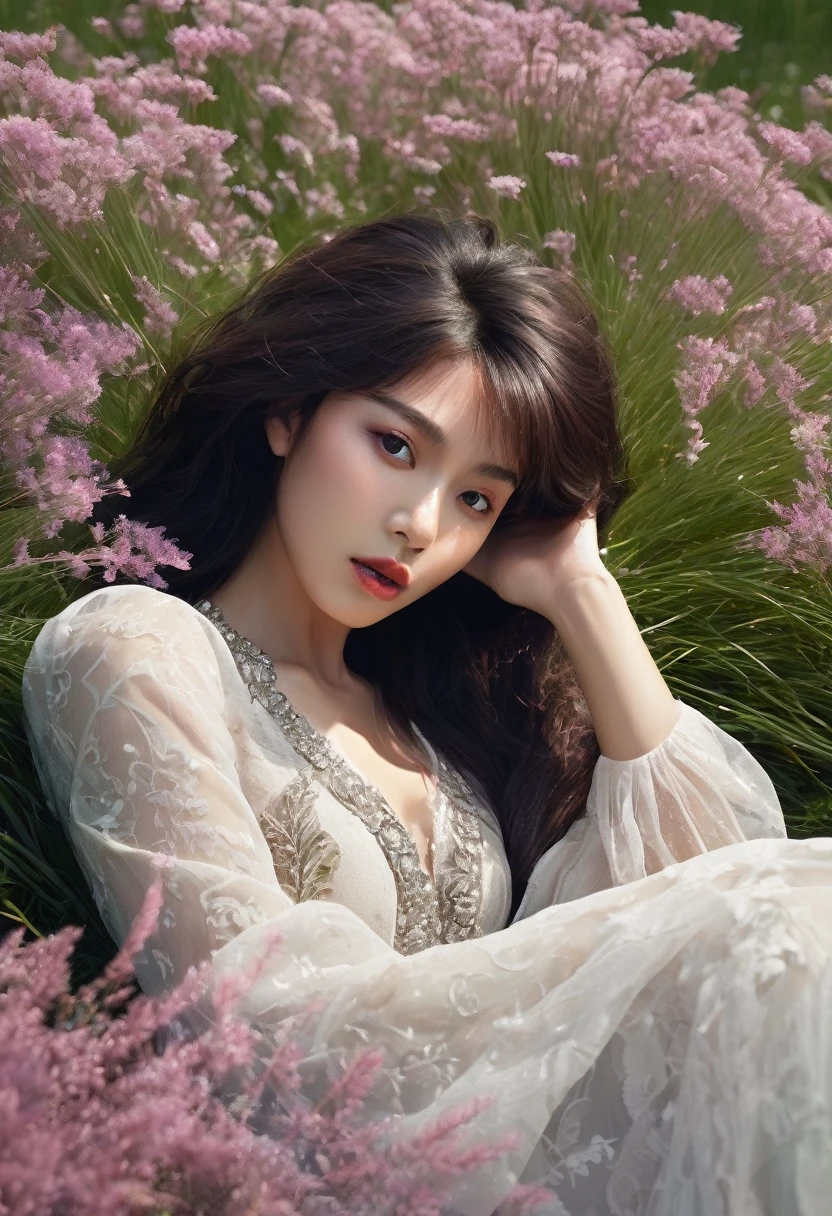 extremely detailed, colorful, haunting a mysterious lady, from behind, face forwards, waist bend, dark skin, mixed cultures, staring intense, her hand adorned with silver elegant rings, artistic rings stunning, display each finger, skin metal contrast, attractive danger, she looks to us, see into your soul, good luck, high grasses, stylized dark clothing layers, dark nature, blankets, high quality,masterpiece,extremely detailed,high res,4k,ultra high res,detailed shadow,ultra realistic,realistic,dramatic lighting,1girl,solo,detailed face,realistic eyes,realistic skin,pink hair, white flowery dress, long messy hair, Woman lying on a blanket outside, wild flower meadow with a pillows, in meadow,, posing on the blanket on grass, on blankets, lying on the meadow, in nature, in field, lying on a blanket, reclining outside, relaxed, natural position, morning dew, moist dew on grass meadow, stunning, lovely, microdetailed grasses, skin,