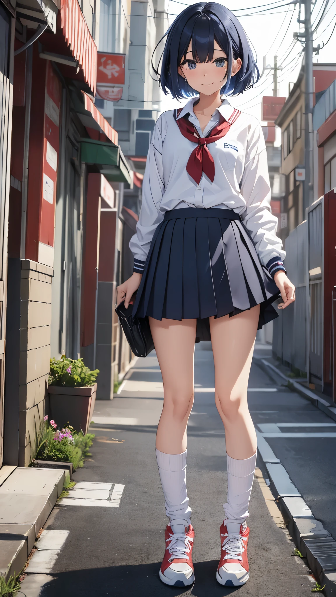 One  girl,short hair,blue hair mixed colored red hair,((seller suits,dark blue collar,white shirts,long sleeve,school,dark blue skirt,black skirt)),((rage,laugh,grin,slender body,socks,sneakers)).