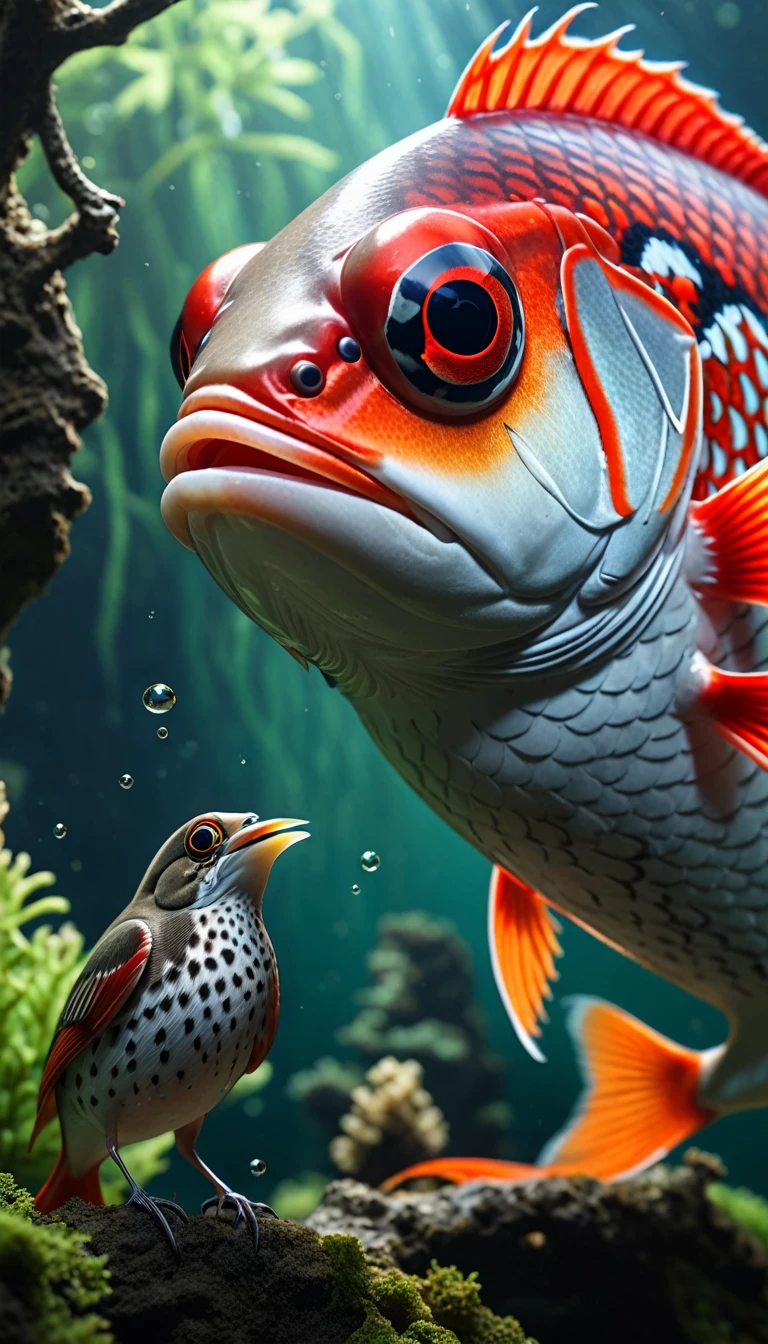 Panorama,河里有一种Mysterious Creatures,Red fish body,Fish head with human face,Mysterious Creatures, shrike, (best quality,4K,8K,High level,masterpiece:1.2),Ultra Detailed,(lifelike,Photo real,Photo real:1.37),Highly detailed animals,Complex patterns,Realistic lighting,Fantasy Creatures