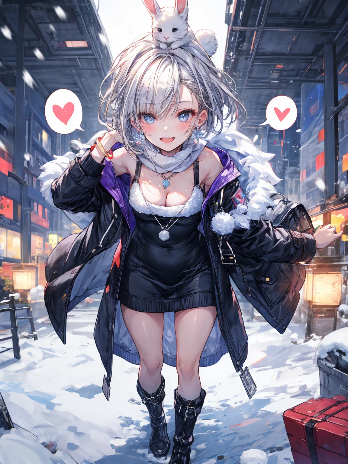 (masterpiece, Highest quality:1.2), (High resolution, 8k RAW photos, Photorealistic, Clear focus, Weak outline:1.3), (Natural light, Fabric Shading), throw, ((alone:1.5)), (1 mature woman), 28 years old, ((Mature Woman:1.5)), ((NFSW:1.37, Fuju Chest:1.3, Saggy breasts, big , Cleavage, Sexually harass)), ((Bright beautiful eyes:1.3, Detailed pupil)), (Beautiful girl in winter clothes throwing a small snowball), Holding a small snowball, Raise your left hand above your head, throwポーズ, (Winter clothing, Duffle coat:1.2, Knitted scarf around the neck, Long boots), snowball fight, Small snowballs floating, In the snow, (Looking at the audience, With a smile, Half-closed eyes), Raised to be sexy, (small open mouth:1.3), Silver hair with light purple mesh, Medium Short Hair, Hair on one eye, Asymmetrical Hair, Half Up Hair, Side Lock, blue eyes, (Luxurious accessories, necklace, Earrings, bracelet), Bokeh, Dynamic Angle, Leaning forward:1.2, Close-up face:1.5, whole body, From below:1.2, (Correct Anatomy:1.6, Ideal body proportions, The right move:1.5, Small hands), , rabbit tail, rabbit on head, flustered, spoken heart,