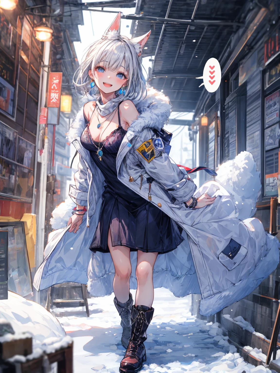 (masterpiece, Highest quality:1.2), (High resolution, 8k RAW photos, Photorealistic, Clear focus, Weak outline:1.3), (Natural light, Fabric Shading), throw, ((alone:1.5)), (1 mature woman), 28 years old, ((Mature Woman:1.5)), ((NFSW:1.37, Fuju Chest:1.3, Saggy breasts, big , Cleavage, Sexually harass)), ((Bright beautiful eyes:1.3, Detailed pupil)), (Beautiful girl in winter clothes throwing a small snowball), Holding a small snowball, Raise your left hand above your head, throwポーズ, (Winter clothing, Duffle coat:1.2, Knitted scarf around the neck, Long boots), snowball fight, Small snowballs floating, In the snow, (Looking at the audience, With a smile, Half-closed eyes), Raised to be sexy, (small open mouth:1.3), Silver hair with light purple mesh, Medium Short Hair, Hair on one eye, Asymmetrical Hair, Half Up Hair, Side Lock, blue eyes, (Luxurious accessories, necklace, Earrings, bracelet), Bokeh, Dynamic Angle, Leaning forward:1.2, Close-up face:1.5, whole body, From below:1.2, (Correct Anatomy:1.6, Ideal body proportions, The right move:1.5, Small hands), , rabbit tail, rabbit on head, flustered, spoken heart,