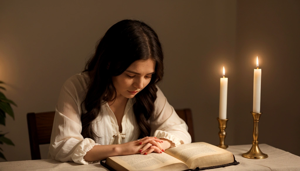 a woman praying with her hands crossed, in front of a candle, and a bible in front
