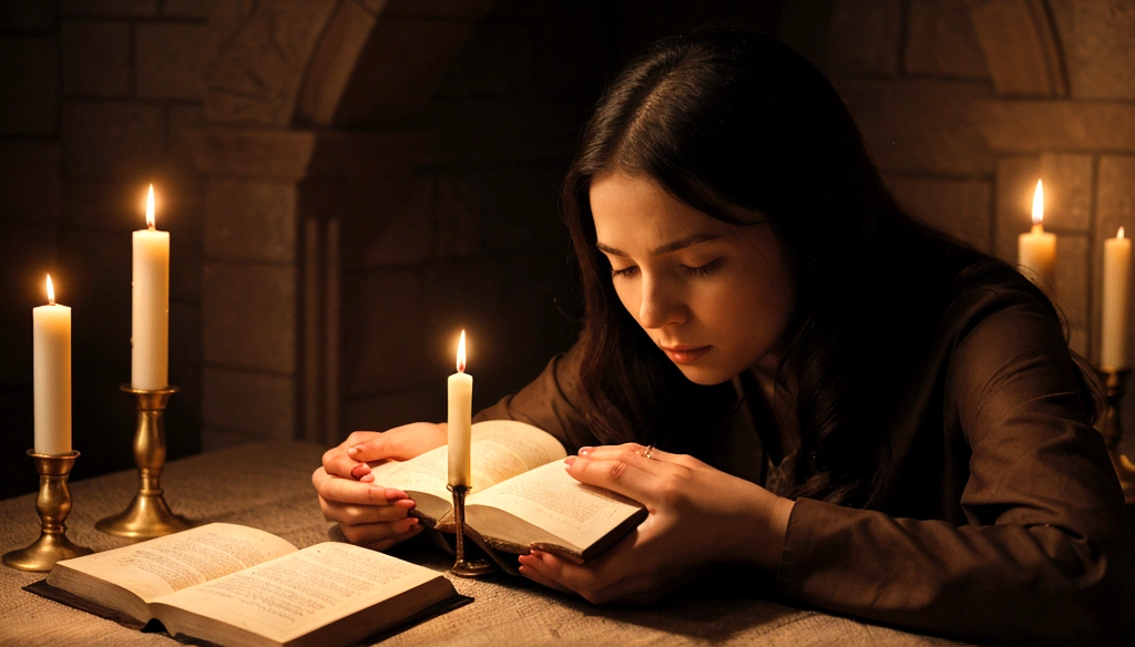 a woman praying with her hands crossed, in front of a candle, and a bible in front