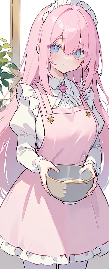 (((Long cyany Beautiful Hair))),cyan hair,kawai,(((Eyes visible from bangs,hair over eyes:1.3))),,Huge breasts,(pink color eyes),,(pink slanted eyes),1girl in,bangs,long CYAN  hair, pantyhose,Cowboy Shot,white background,short hair,smiled,(wearing pink maid clothes), (maid dress type must have a perfect pink vest), Bangs should be long to the tip of the chin(((, focusing on the bowl containing the dough and holding a spoon to stir it))), Kitchen room background, Perfect arm fingers,,, 1 girl, ((The image must match the tag)) Bangs almost cover the eyes full body (The character's entire body from top to bottom is completely visible)