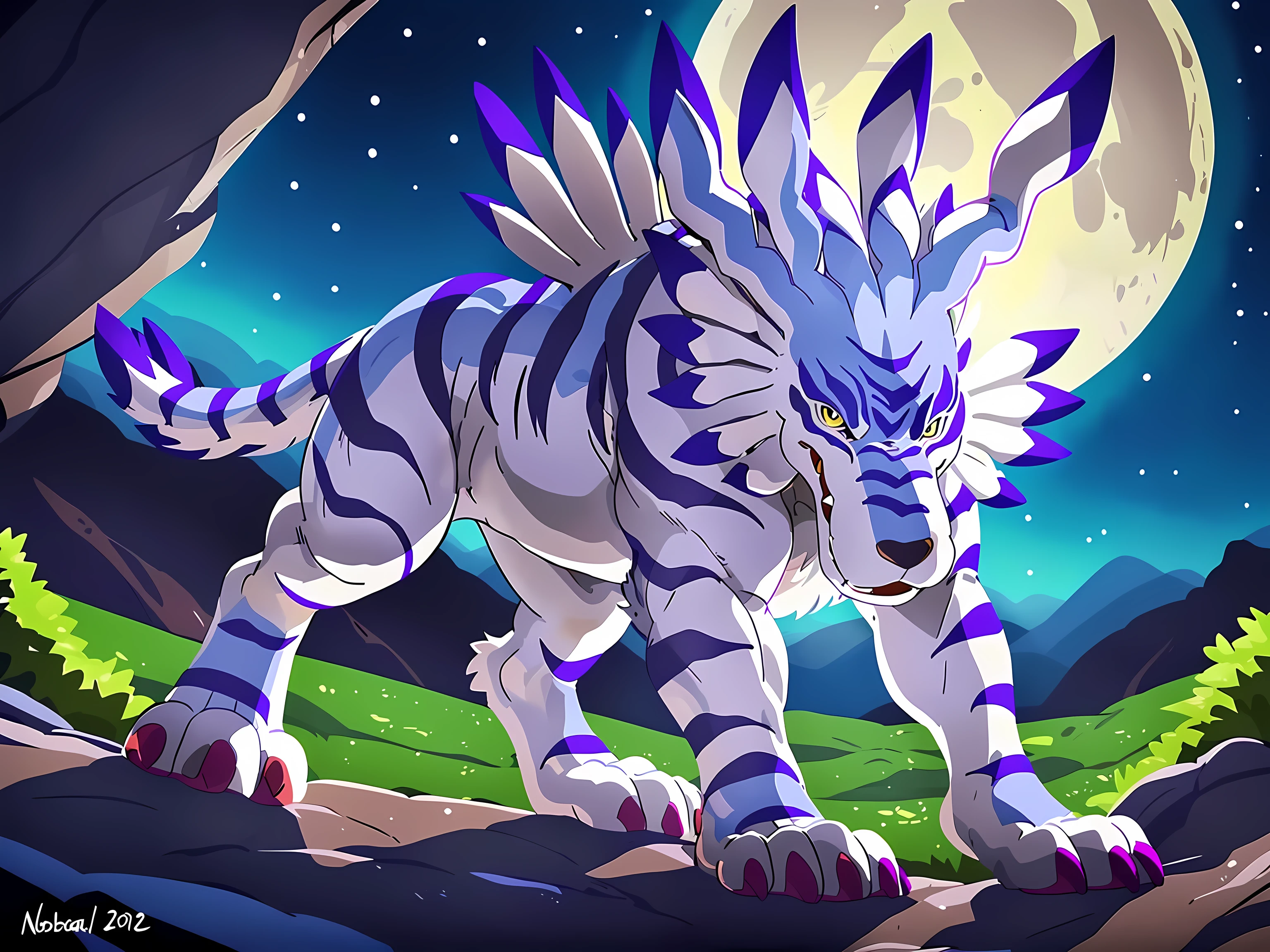 Garurumon, full body, feral:1.1, quadruped, standing, open mouth, fangs, high quality, yellow eyes, big eyes:1.1, detailed eyes, by wfa, by rossciaco, by seibear, by negger, purple claws, big paws, cel shaded, big paws, tail, night, cliffside, massive full moon:1.3, backlight, glow