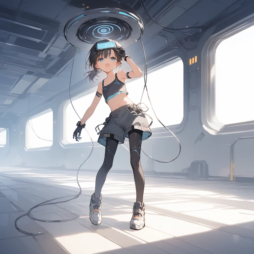 score_9, score_8_up, score_7_up, source_anime, best quality, masterpiece, official art, absurdres, highres, ultra-detailed,waifu2x,Collection: Slice of Life,break,1girl, azure eyes, cyborg girl, crop top cyborg armor, futuristic tech, mind control device installed on head, spine connected to wires, tomboy, tanned-skinned female, short hair, low ponytail, flat chest, beautiful detailed eyes, sweat, open mouth, (yawn:0.3), sleepily, standing, futuristic lab background, ((night)), full body, wind, break,(clear line illustration:1.2),very high resolution, very aesthetic, super detailed skin, Best sexual lighting powered by famous artist, 8k,cute picture,beauty illustration,photoshop_(medium),,(Detailed Lighting),best anime 8k konachan wallpaper, pixiv contest winner,