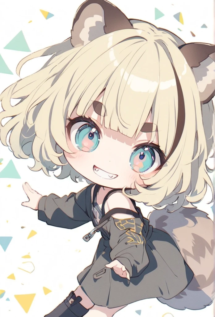 chibi, anime,(pale colors:1.8),long shot, 1girl, solo, (on right:1.3), full body, solo, grin, dynamic angle, rushing forward, Hands outstretched to the side, fang, light yellow hair, racoon ears, racoon tail, (brown streaked hair:1.3), side braid, (blunt bangs), wavy hair,thick eyebrows, offshoulder clothes, star geometry background,