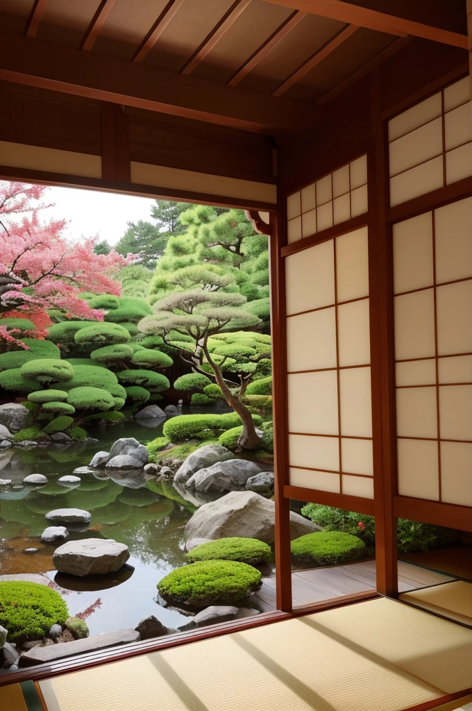 High quality photo of a beautiful Japanese traditional room background. Behind the Japanese room is a beautiful Japanese garden. (4K),(8K)