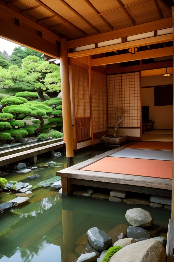 High quality photo of a beautiful Japanese traditional room background. Behind the Japanese room is a beautiful Japanese garden. (4K),(8K)