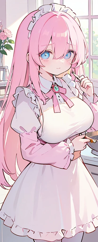 (((Long cyany Beautiful Hair))),cyan hair,kawai,(((Eyes visible from bangs,hair over eyes:1.3))),,Huge breasts,(pink color eyes),,(pink slanted eyes),1girl in,bangs,long CYAN  hair, pantyhose,Cowboy Shot,white background,short hair,smiled,(wearing pink maid clothes), (maid dress type must have a perfect pink vest), Bangs should be long to the tip of the chin(((, focusing on the bowl containing the dough and holding a spoon to stir it))), Kitchen room background, Perfect arm fingers,,, 1 girl, ((The image must match the tag)) Bangs almost cover the eyes full body (The character's entire body from top to bottom is completely visible) Beautiful bare thighs
