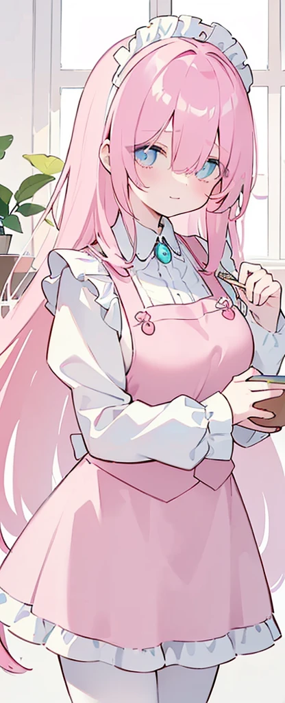 (((Long cyany Beautiful Hair))),cyan hair,kawai,(((Eyes visible from bangs,hair over eyes:1.3))),,Huge breasts,(pink color eyes),,(pink slanted eyes),1girl in,bangs,long CYAN hair, pantyhose,Cowboy Shot,white background,short hair,smiled,(wearing pink maid clothes), (maid dress type must have a perfect pink vest), Bangs should be long to the tip of the chin(((, focusing on the bowl containing the dough and holding a spoon to stir it))), Kitchen room background, Perfect arm fingers,,, 1 girl, ((The image must match the tag)) Bangs almost cover the eyes full body (The character's entire body from top to bottom is completely visible) Beautiful bare thighs
