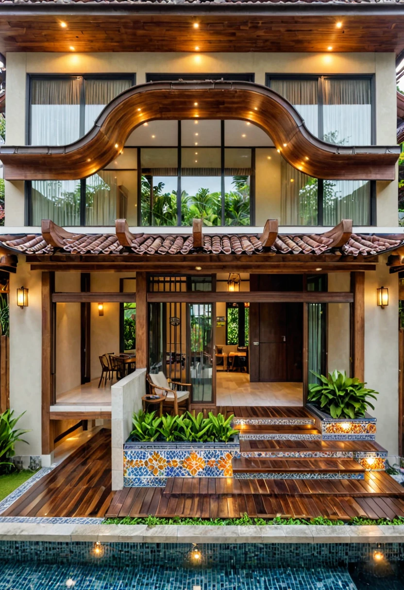 Raw photo,Masterpiece, high quality, best quality, authentic, super detail,
exterior, outside, facade, indochine style,Tile roof, large glass walls, wooden columns, lighted steps, flower beds, wooden,
,(day:1.1),realistic lighting