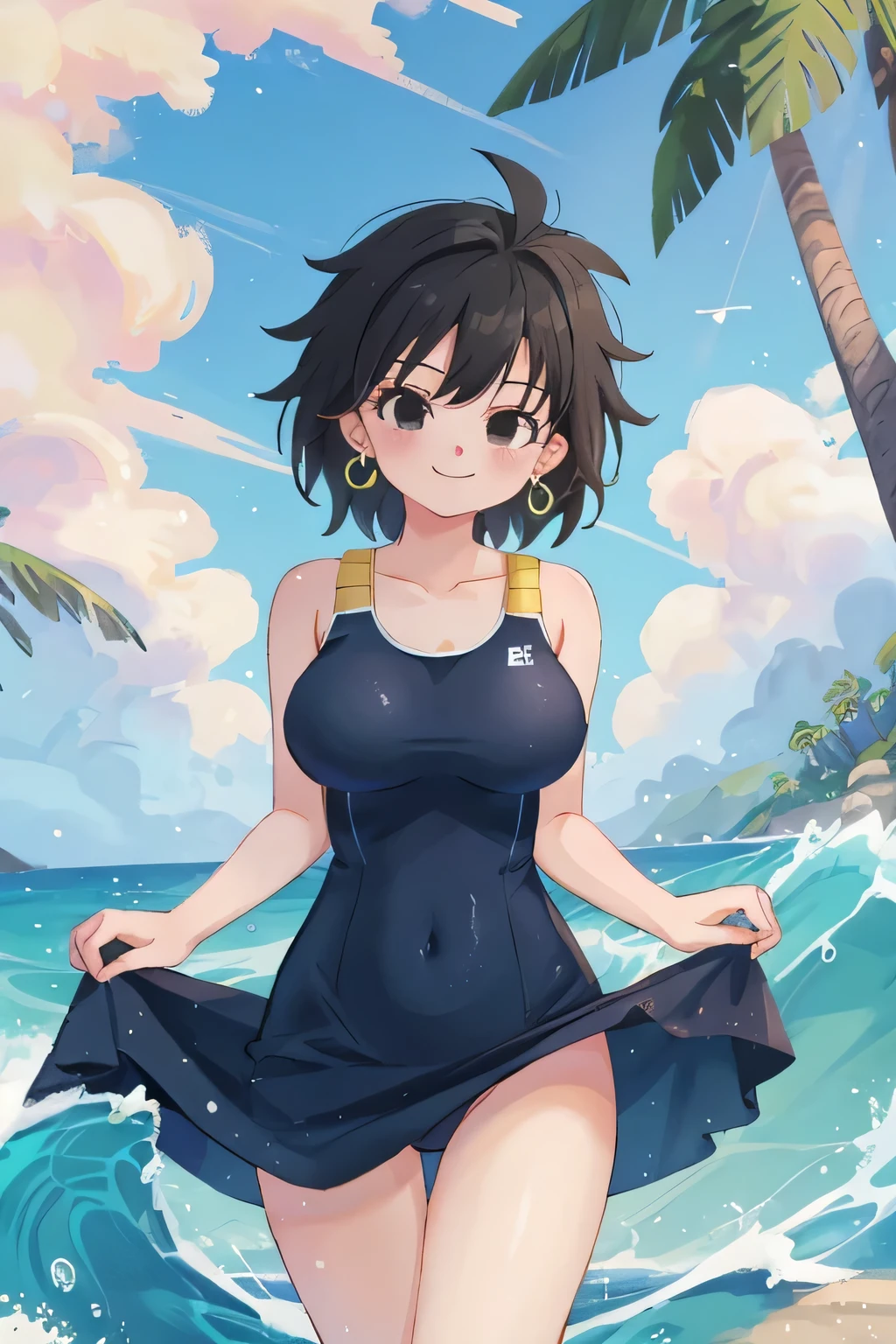 highest quality,masterpiece,ultra high resolution,(actual:1.4), 8K, gine, 1girl, solo, mouth closed, black hair, black eyes, bare shoulders, medium breast, collarbone, cowboy shot, short hair, spiked hair, a green one piece swimsuit, ocean, beach, a large big waves Surround her,black dress, long legs,bright and beautiful, gold earrings, seductive smile