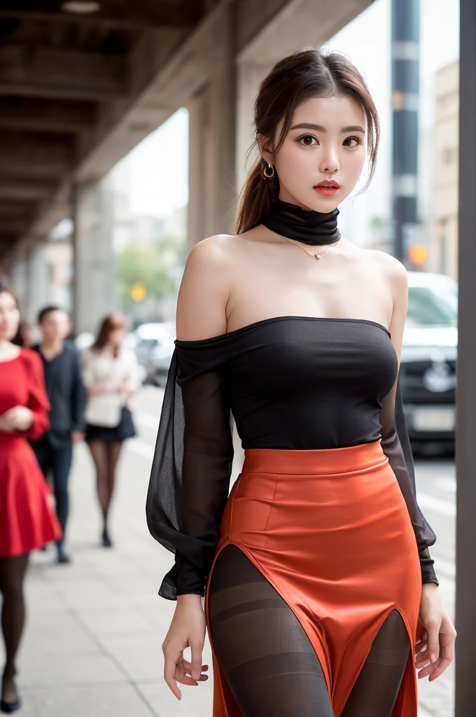(masterpiece:1.5)、(Realistic:1.5)、(Highest quality:1.4、8K、RAW Photos）、 Ultra-high resolution、Professional Lighting、Perfect dynamic composition、Outdoor Shot、 Film Grain、chromatic aberration、(Bokeh:1.1)、 Frank、Sophisticated、charm、Surreal、High detail、Golden Ratio、 (1 Girl)、(Long skirt with big sleeves), Slender girl、繊細でcharm女の子、Cute Woman:1.4、 Serious expression、Looking at the audience、Various poses、 Light brown hair、Shiny Hair、Hairstyle: ponytail、 Realistic looking skin、 shut up.、Sharp Eyes、Beautiful Eyes、double eyelid、Thin arms、、 Perfect proportions、(a woman in a Red dress posing for a picture in a city, Red dress, sexy Red dress, in Red and Black, wearing Red dress, Red and Black, in a Red dress, Black and Red, wearing a Red dress, Completely red, girl wears a Red dress, elegant Red dress, grayscale phtoto with Red dress, black and Red dress), (Wearing ultra-realistic pantyhose:1.3),