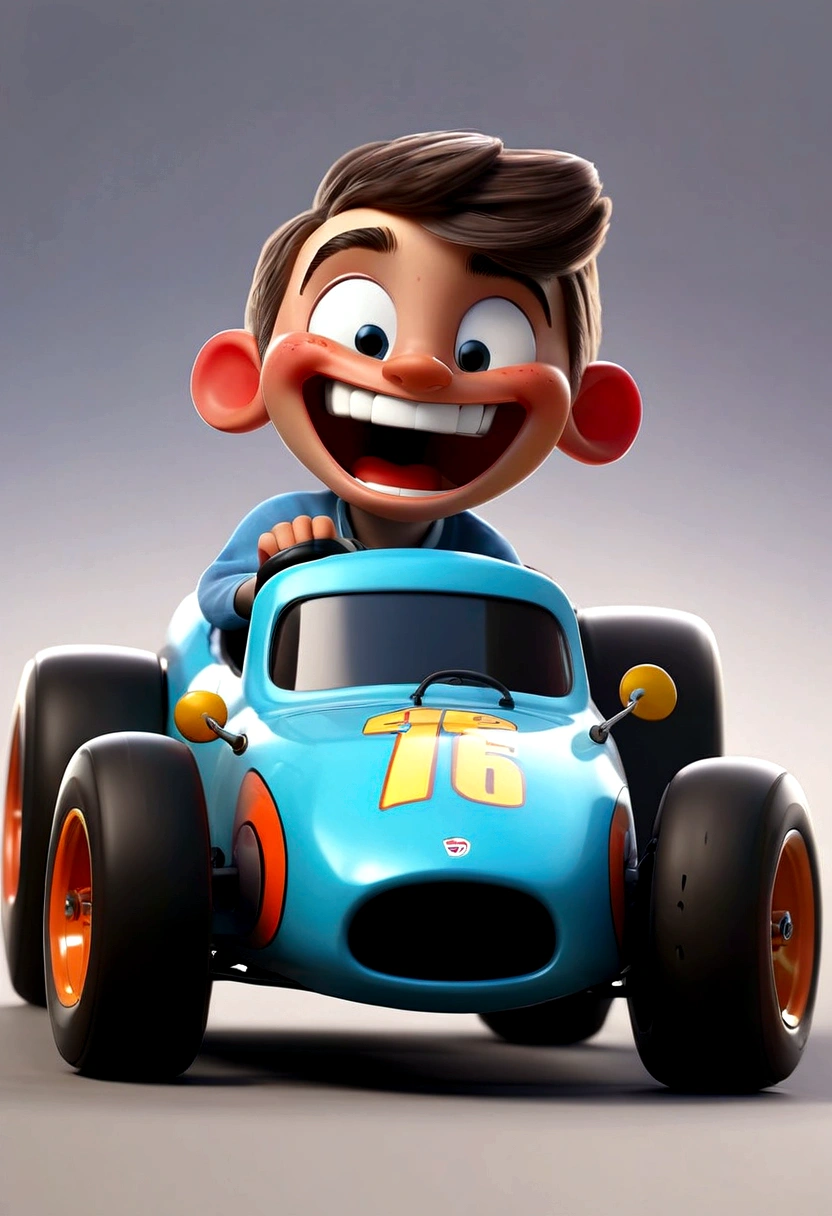 A small racing car with big wheels and a cheerful smile on the bumper.