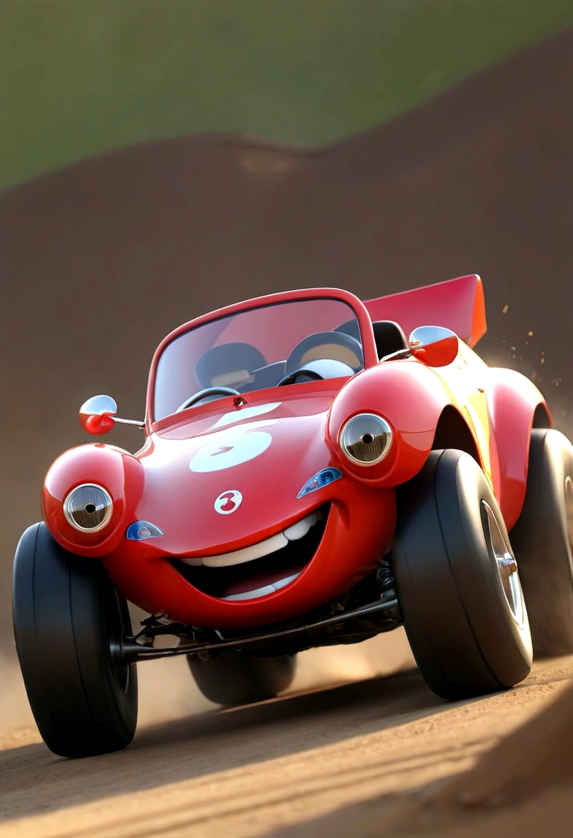 A small racing car with big wheels and a cheerful smile on the bumper.
