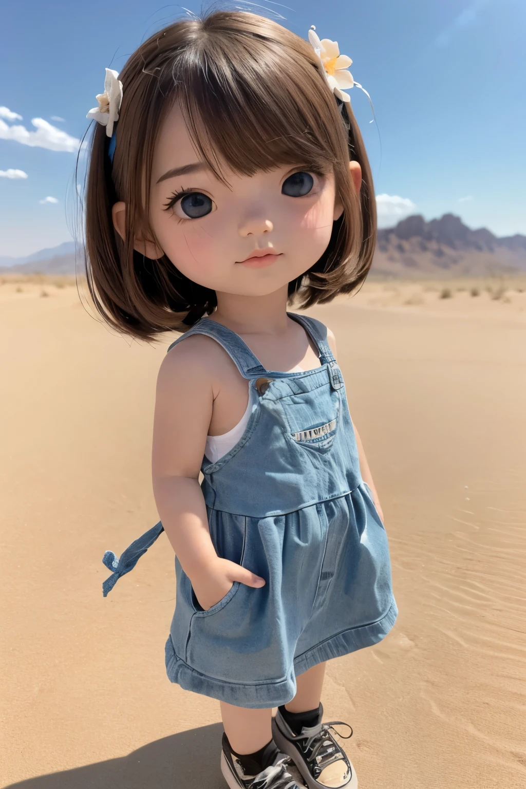 Chibi Girl、Walking through the desert under the scorching sun、Sweat、heat haze、Chunky shoes、Very detailed、Ultra-realistic、Photorealistic、8K、Hyperrealistic、masterpiece、Beautiful detailed eyes、Beautiful detailed lips、Very detailedな顔、Long eyelashes、Beautiful young girl、Beautiful lighting、Cinematic、Intricate details、Soft Focus、Depth of written boundary