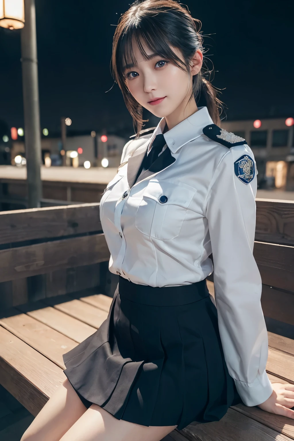 An innocent 20-year-old girl、((Japanese police officer, Police uniform, skirt, Cute and elegant, Dramatic Pose)),Big Breasts、smile,Night city background,Shortcuts、RAW Photos, (8k、highest quality、masterpiece:1.2)、(Intricate details:1.4)、(Realistic:1.4)、Octane Rendering、Complex 3D rendering with ultra-detail, Studio Soft Light, Rim Light, Crisp details, Super detailed, Realistic skin texture, detailed aspects, Beautiful details in the eyes, Highly detailed CG Unity 16k wallpaper, Compensate, (Detailed Background:1.2), Glowing Skin, whole body,,Sit on a bench