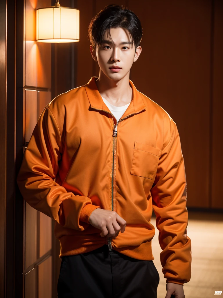 Handsome korean man. 24 years old, prisoner, look at the camera, (Orange prison uniform)portrait,dramatic shadow,Ray tracing, Best quality, Cinematic lighting, Extremely detailed CG, 8K wallpaper,Complicated.