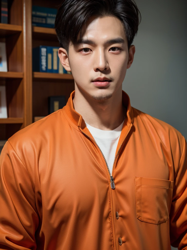 Handsome korean man. 24 years old, prisoner, look at the camera, (Orange prison uniform)portrait,dramatic shadow,Ray tracing, Best quality, Cinematic lighting, Extremely detailed CG, 8K wallpaper,Complicated.