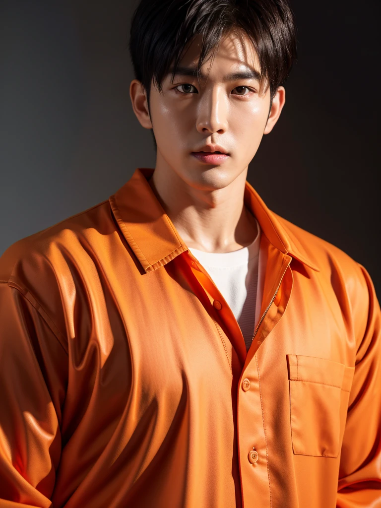 Handsome korean man. 24 years old, prisoner, look at the camera, (Orange prison uniform)portrait,dramatic shadow,Ray tracing, Best quality, Cinematic lighting, Extremely detailed CG, 8K wallpaper,Complicated.