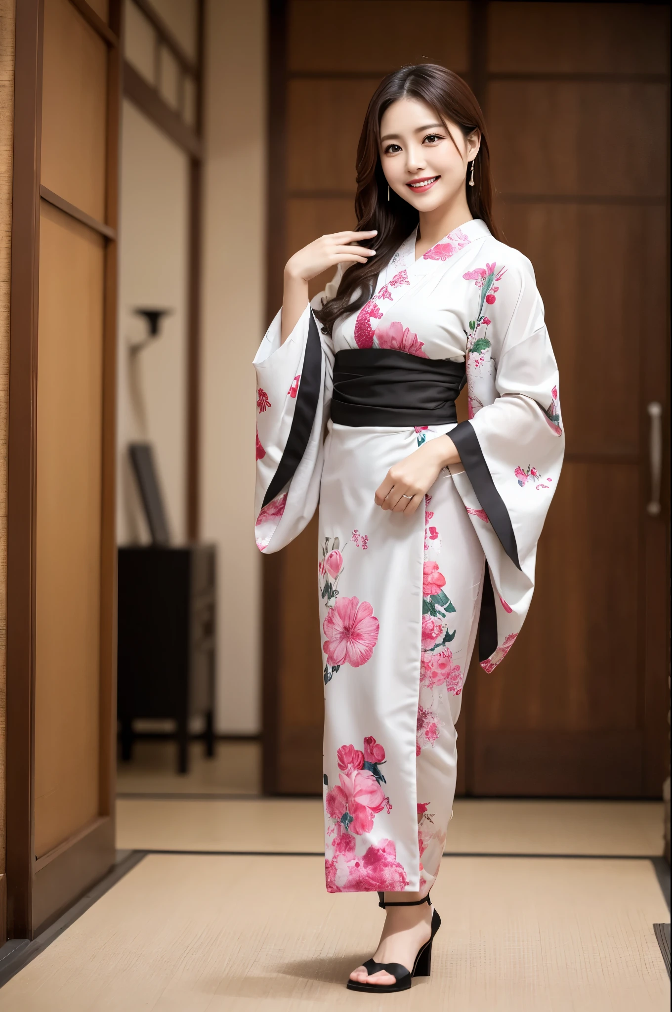 Face :9,1449314384], ulzzang-6500-v1.1, (RAW Photos:1.2), (Photorealistic), Beautiful Mature Woman VN01, Beautiful details, (Genuine: 1.4), Very detailedな目と顔, Beautiful and fine details,  (Japanese Kimono、Elegant Japanese pattern kimono、Komono)、Esbian all over、 (A very loving smile:1.2)、Large file size, High resolution, Very detailed, Highest quality, [masterpiece:1.6], Awareness-raising, Very detailed, Hmph, In detail, Highest quality, 8k wallpaper, Cinema Lighting, One mature woman, 37 years old, Perfect figure, Cute droopy eyes、Beautiful big eyes、 ((masterpiece)), Highest quality, One mature woman, eye shadow, Upper Body, Portraiture, ((Full Body Shot:1.6))、