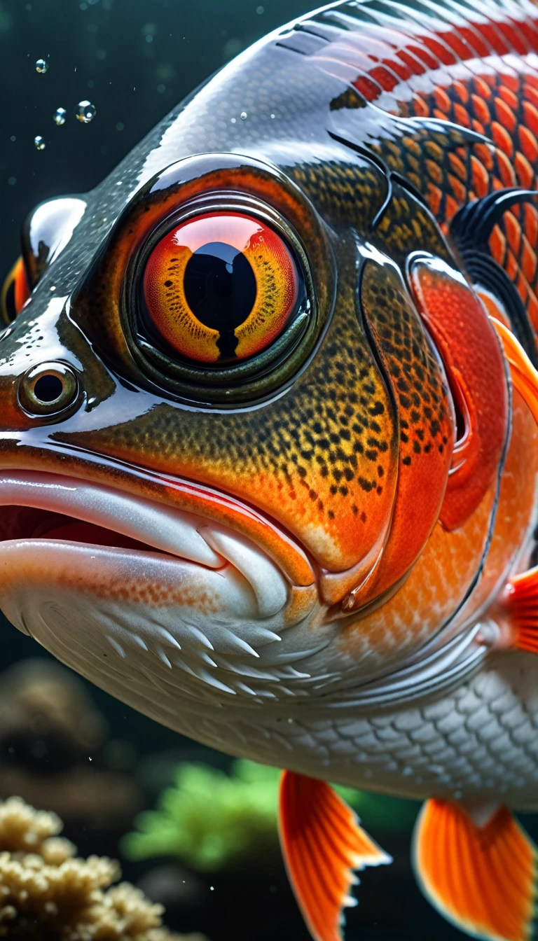 Panorama，河里有一种Mysterious Creatures：Red fish body，Fish head looks like a human face，Mysterious Creatures, shrike, (best quality，4K，8K，High level，masterpiece：1.2），Ultra Detailed，（lifelike，Photo real，Photo real：1.37），Highly detailed animals，Complex patterns，Realistic lighting，Fantasy Creatures