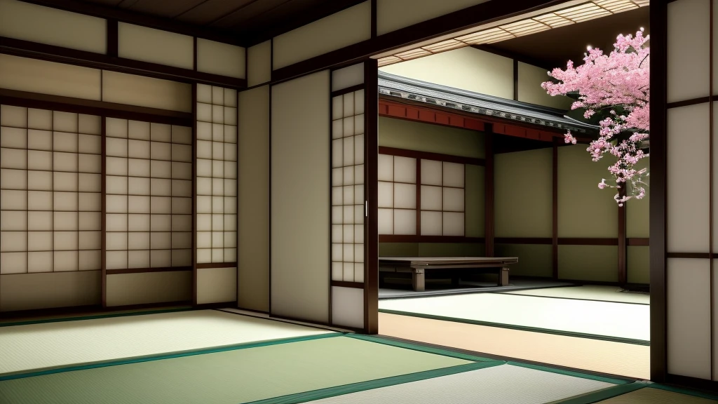 High quality photo of a beautiful Japanese traditional room background. Behind the Japanese room is a beautiful Japanese garden. (4K),(8K)