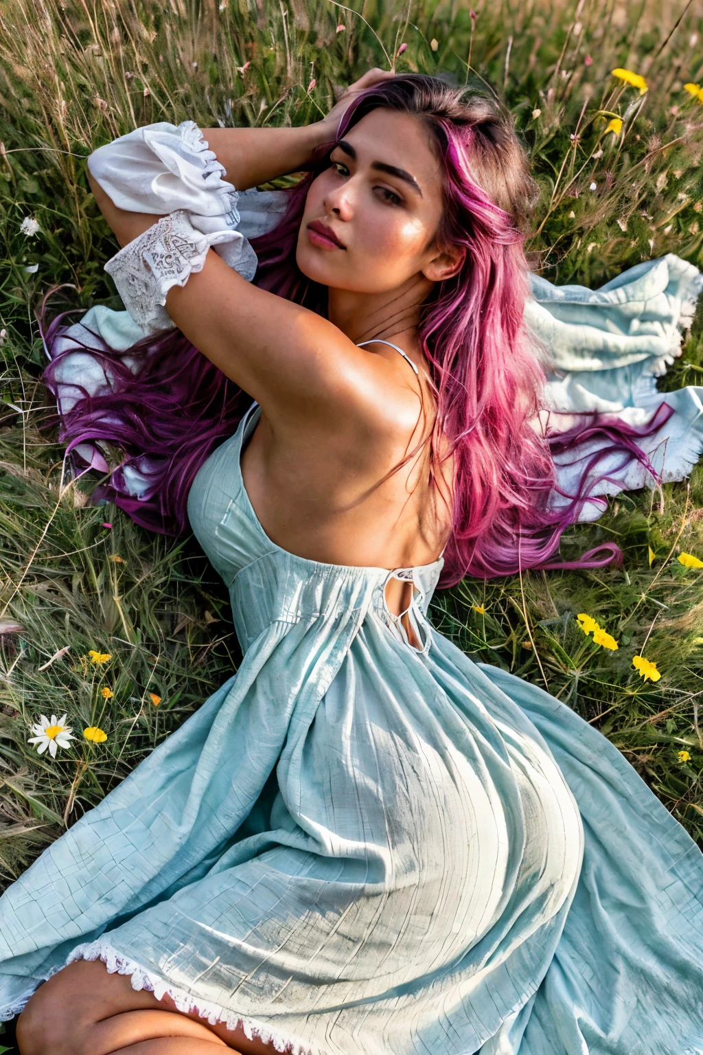 extremely detailed, colorful, haunting a mysterious lady, from behind, face forwards, waist bend, dark skin, mixed cultures, staring intense, her hand adorned with silver elegant rings, artistic rings stunning, display each finger, skin metal contrast, attractive danger, she looks to us, see into your soul, good luck, high grasses, stylized dark clothing layers, dark nature, blankets, high quality,masterpiece,extremely detailed,high res,4k,ultra high res,detailed shadow,ultra realistic,realistic,dramatic lighting,1girl,solo,detailed face,realistic eyes,realistic skin,pink hair, white flowery dress, long messy hair, Woman lying on a blanket outside, wild flower meadow with a pillows, in meadow,, posing on the blanket on grass, on blankets, lying on the meadow, in nature, in field, lying on a blanket, reclining outside, relaxed, natural position, morning dew, moist dew on grass meadow, stunning, lovely, microdetailed grasses, skin, 