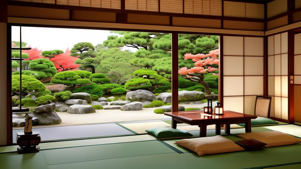 High quality photo of a beautiful Japanese traditional room background. Behind the Japanese room is a beautiful Japanese garden. (4K),(8K)