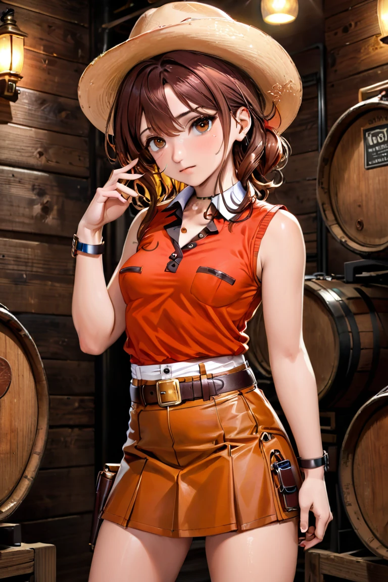 (((1 person:2.0))),(((Brown sleeveless collared shirt:1.8))),(((Brown belted mini skirt:1.8))),(((Slim body:1.8))),(((Brown gun belt with holster:1.8))),((Brown cowboy hat:1.8)),((Wear a metal watch on your wrist:1.8))),(((Showing cleavage))),(((Exposed thin inner thighs))),(((Small breasts:1.5))),(((Bare arms))),(((Her hair is brown))),((Blushed:1.2)), Beautiful detailed girl, Very detailed目と顔, 緻密でBeautiful Eyes, Very detailed, High resolution, Highest quality, masterpiece, Very detailed, 8k wallpaper, wonderful, finely, Highest quality,(Standing in front of a wooden wall),Beautiful Eyes,((Engage your audience:1.2)),(((Full Body Shot:1.8))),((Are standing:1.2)),((Put your right hand on your chest:1.2)),((Whiskey in left hand:1.4)),(((Drunk:1.5))),(((Drunk face:1.0)))