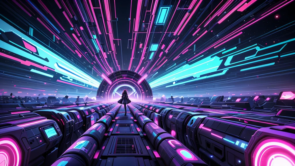 abstract wallpaper, 16h9, (glitchwave:1), vibrant colors, neon lights, futuristic shapes, kaleidoscope patterns, mesmerizing motion, geometric abstractions, high-resolution, ultra-detailed, sharp focus, digital artistry, vivid gradients, dynamic composition, surreal textures, hypnotic visuals, energetic atmosphere, otherworldly vibe, vibrant pulsations, sci-fi aesthetics, dreamlike ambiance, cyberpunk influence, digital abstraction, innovative design, immersive experience, visually striking, captivating display, cutting-edge techniques, infinite possibilities, mind-bending illusions, electrifying energy, abstract expression, interplay of light and shadow, interactive elements, futuristic elements, seamless transitions, futuristic cybernetics, technological advancements, sleek lines, vibrant holograms, vivid color palette, neon glow, trance-inducing patterns, ethereal beauty, boundary-pushing creativity, artistic exploration, innovative digital art, immersive artwork.