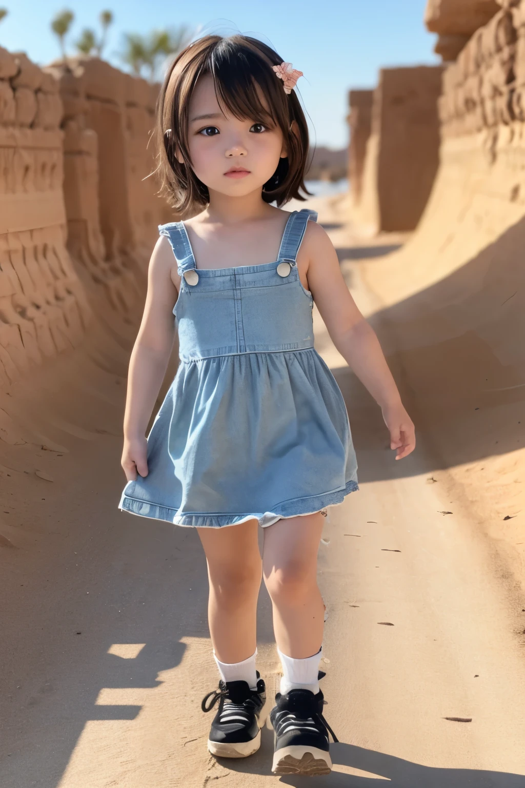Chibi Girl、Walking through the desert under the scorching sun、Sweat、heat haze、Chunky shoes、Very detailed、Ultra-realistic、Photorealistic、8K、Hyperrealistic、masterpiece、Beautiful detailed eyes、Beautiful detailed lips、Very detailedな顔、Long eyelashes、Beautiful young girl、Beautiful lighting、Cinematic、Intricate details、Soft Focus、Depth of written boundary