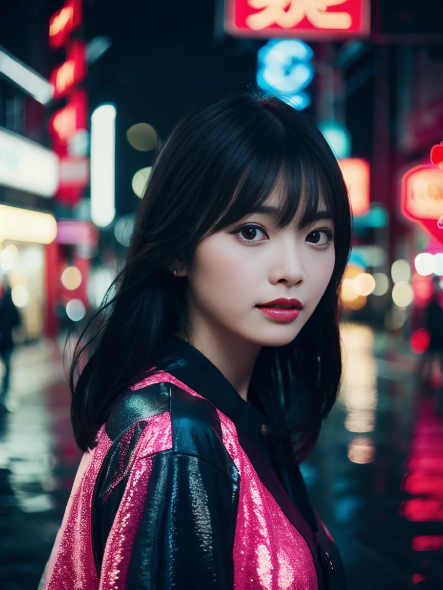 Create a portrait of a beautiful woman with medium black hair standing in a chinese town at rainy night surrounded by many neon lights. The girl has keep her eys on other buildings. Side shot