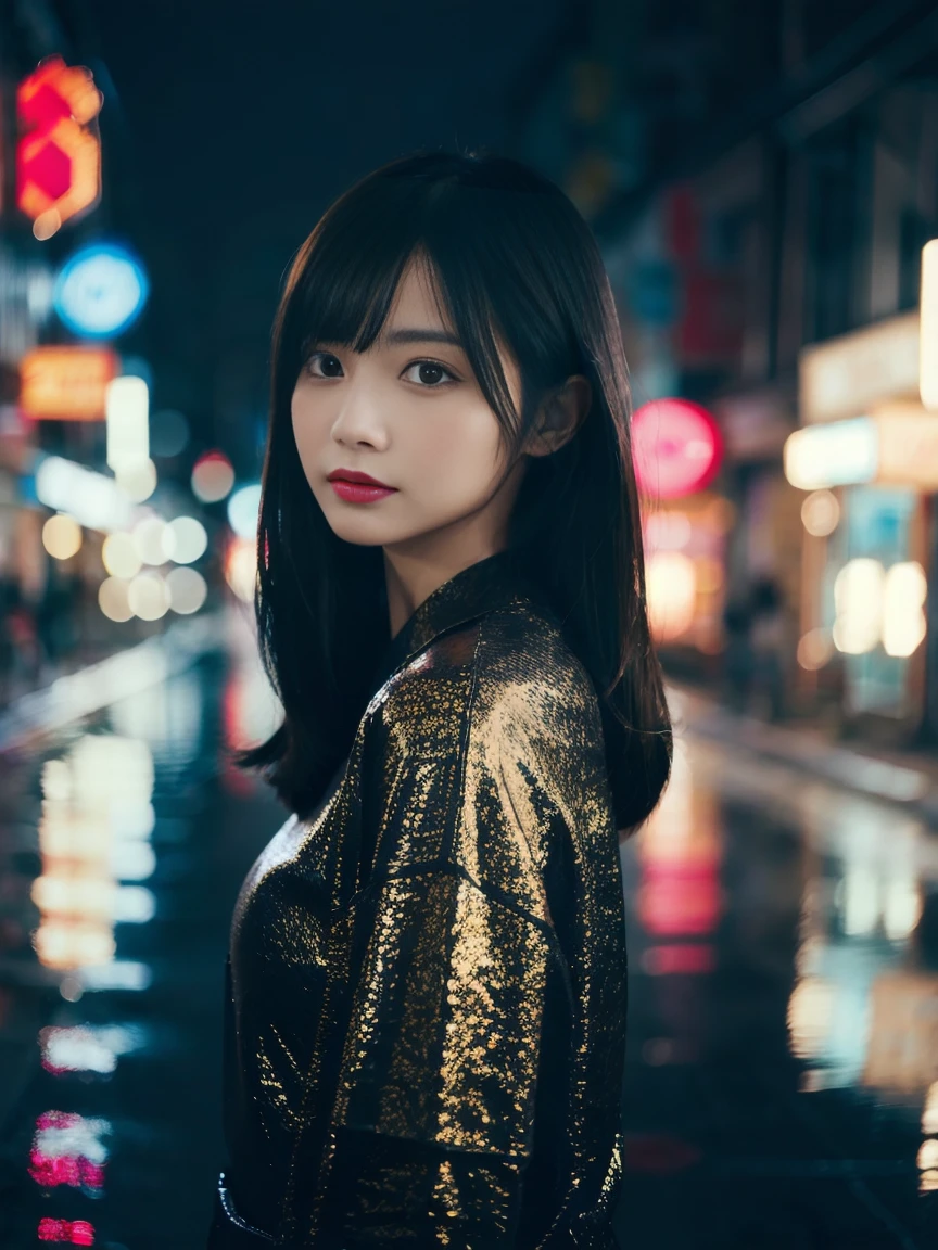 Create a portrait of a beautiful woman with medium black hair standing in a chinese town at rainy night surrounded by many neon lights. The girl has keep her eys on other buildings. Side shot
