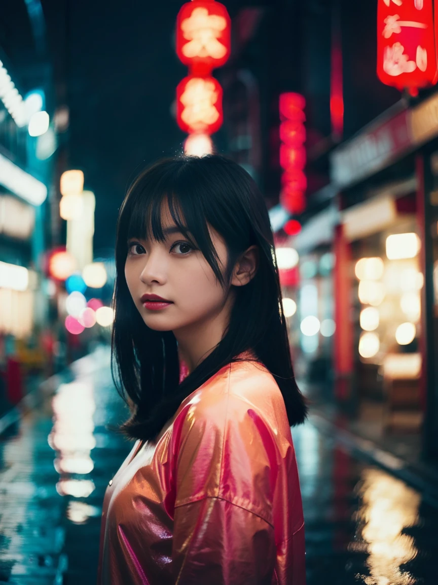 Create a portrait of a beautiful woman with medium black hair standing in a chinese town at rainy night surrounded by many neon lights. The girl has keep her eys on other buildings. Side shot