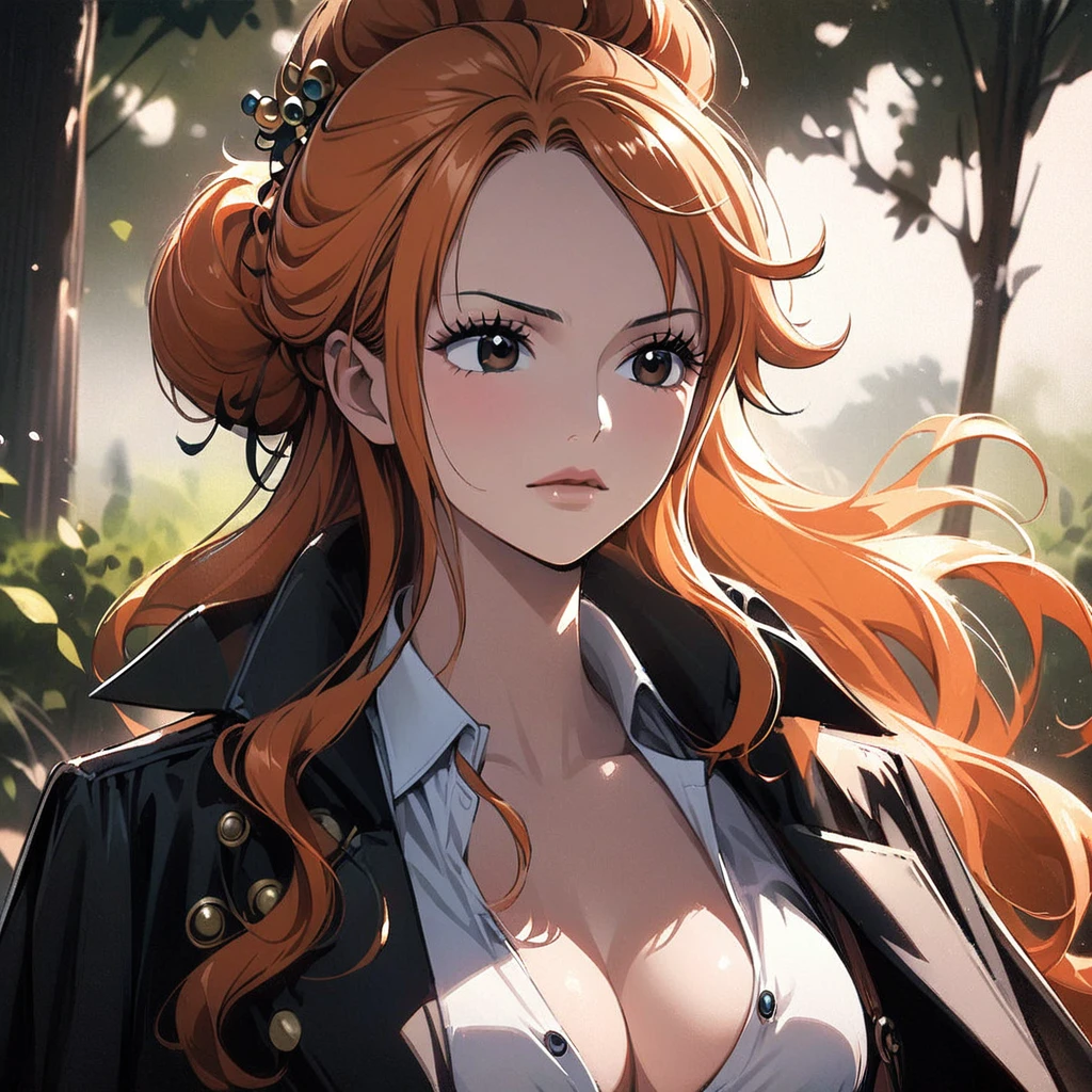masterpiece, best quality), intricate details, 1 girl, woman, orange hair, nami \ (one piece\), (long hair), shirt, white shirt, female focus, clothes, collared shirt, pants, cape, black coat, shirt, sandals, pectorals, partially unbuttoned, cleavage, black coat on shoulders, nature, scenery, upper body, ((front view)) ((close up shot)) ((solo)) ((Twisted Updo: Long hair twisted and pinned up into an elegant updo, often with loose tendrils)) ((nami from one piece))